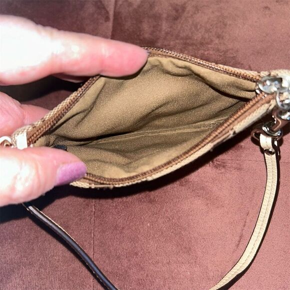 Coach Signature Stripe Wristlet Cream Brown Small Zip Closure Detachable Strap - Picture 5 of 5